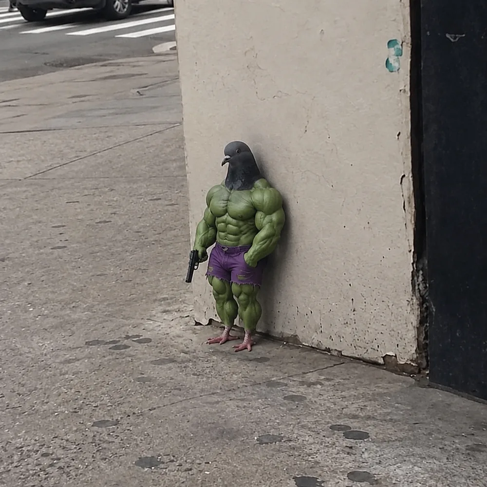 The pigeon leaning against the wall — green.