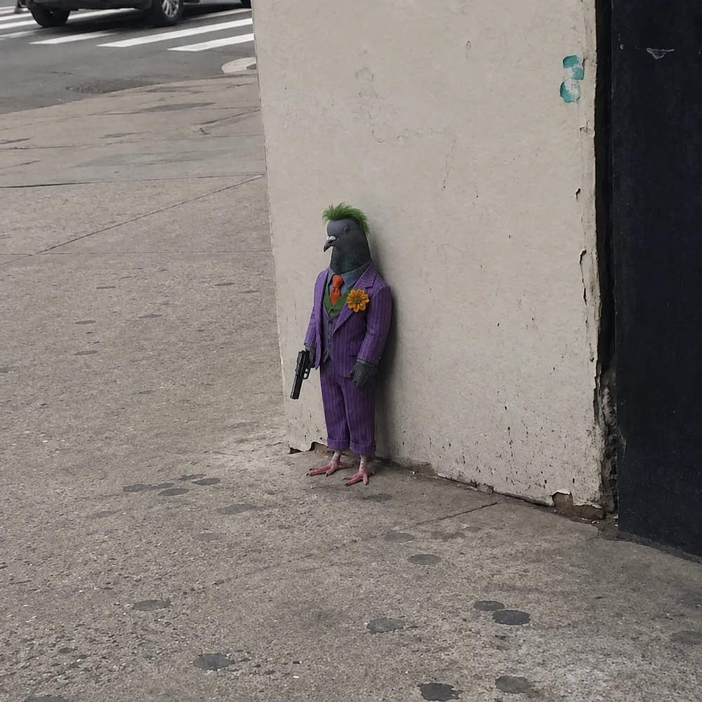 The pigeon leaning against the wall — purple suit.