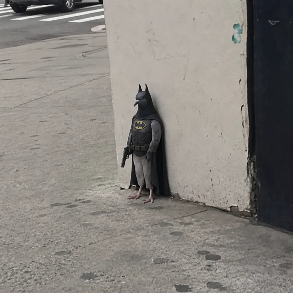 The pigeon leaning against the wall — cape & cowl.