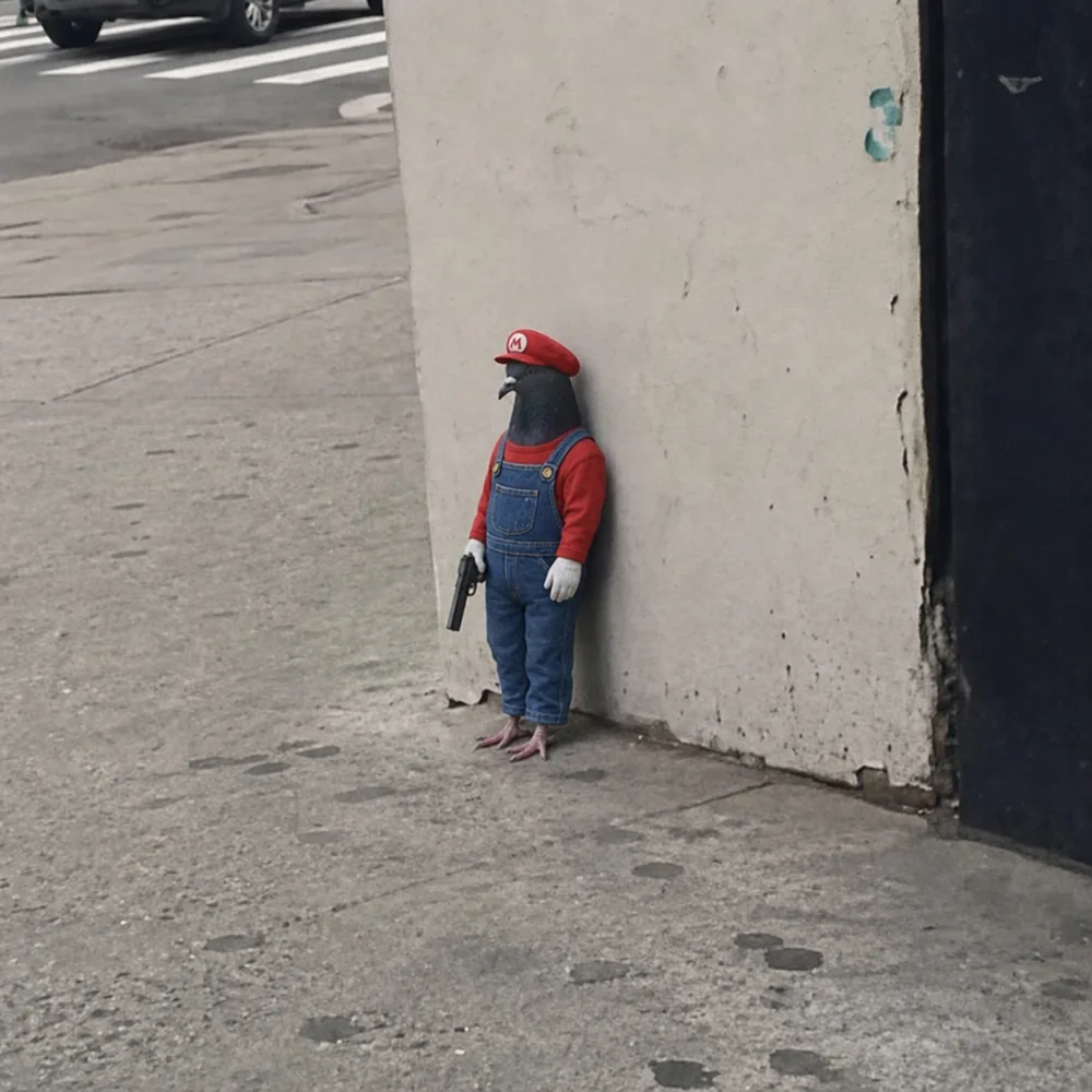 The pigeon leaning against the wall — dungarees.
