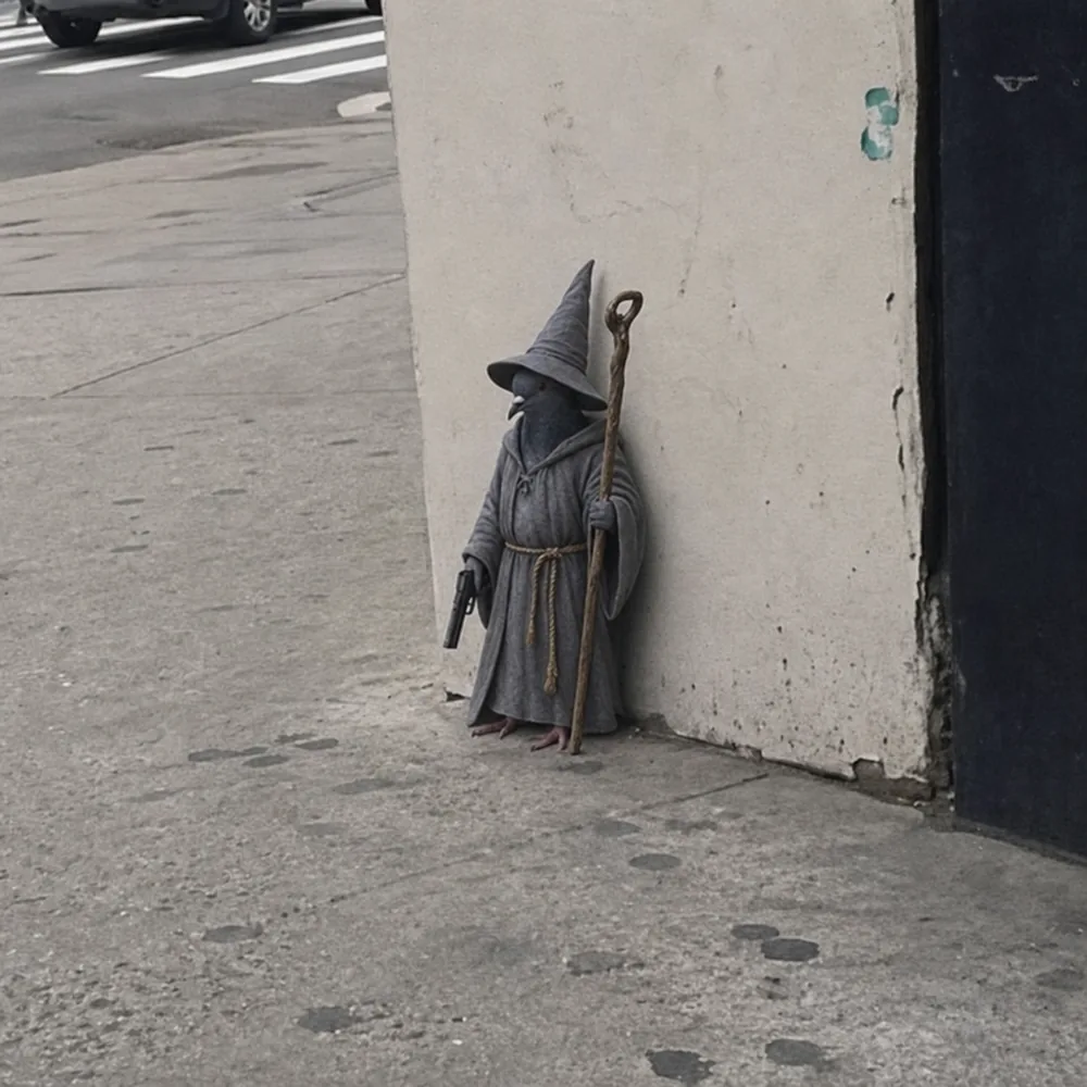 The pigeon leaning against the wall — pointed hat.