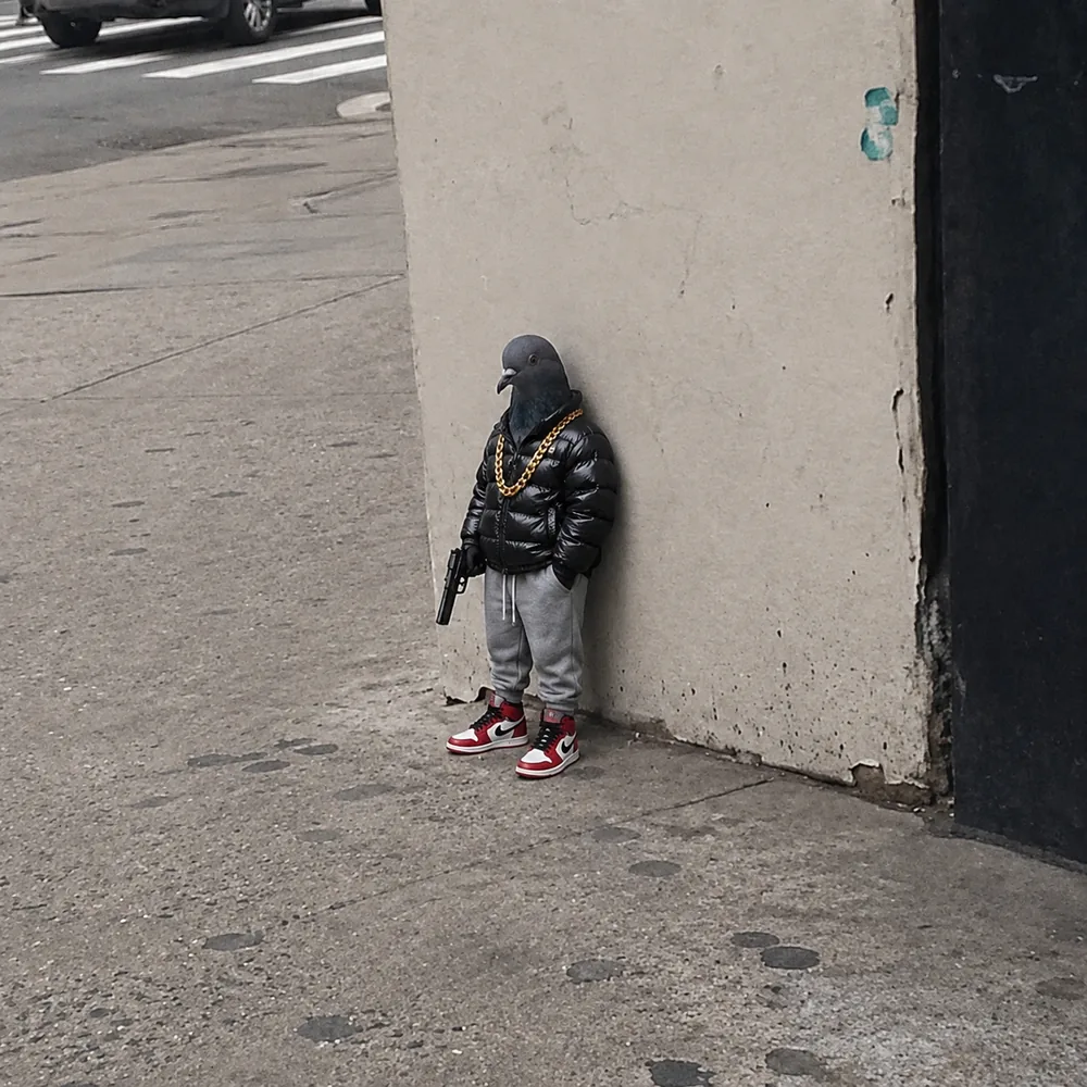 The pigeon leaning against the wall — puffer jacket.
