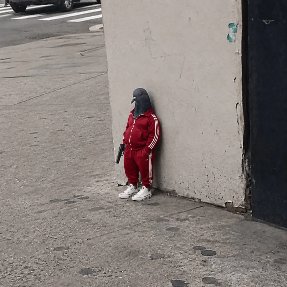 The pigeon leaning against the wall — red tracksuit.