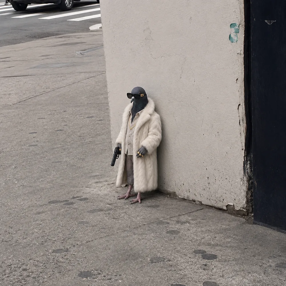 The pigeon leaning against the wall — fur coat.