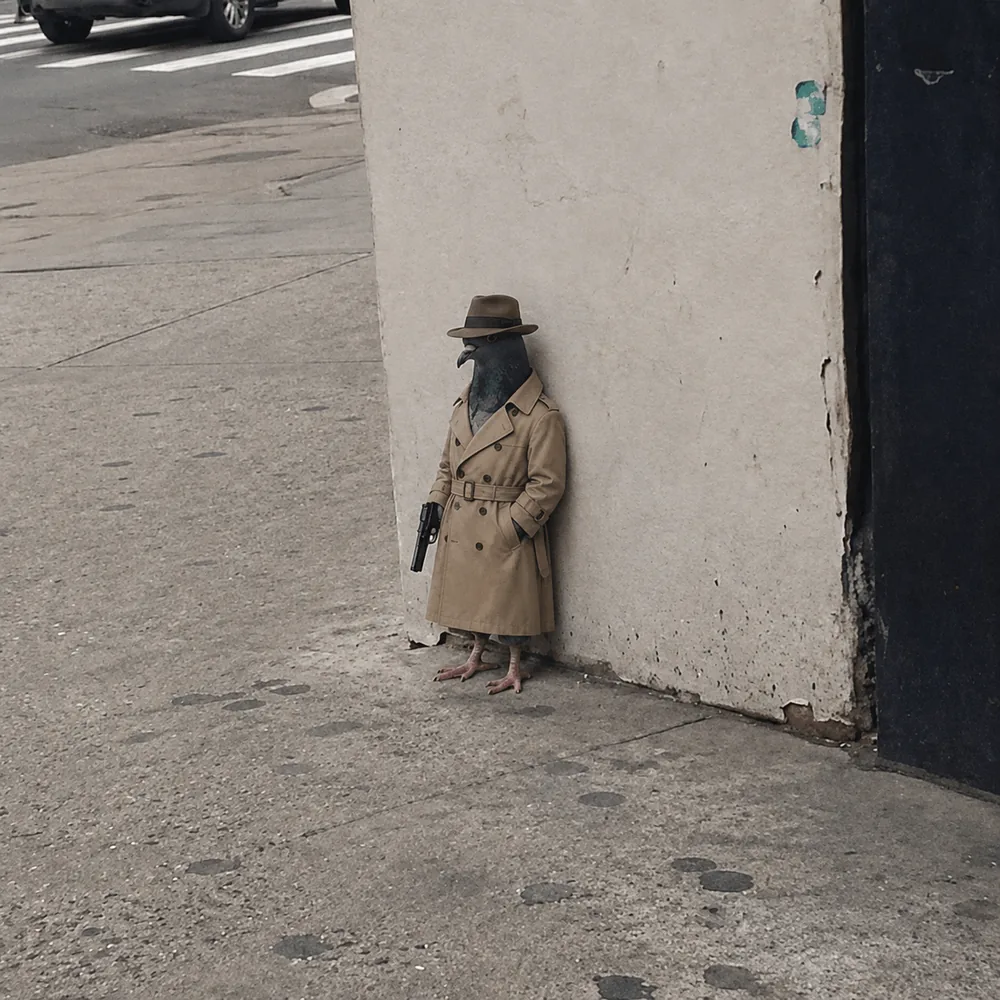 The pigeon leaning against the wall — trench coat.