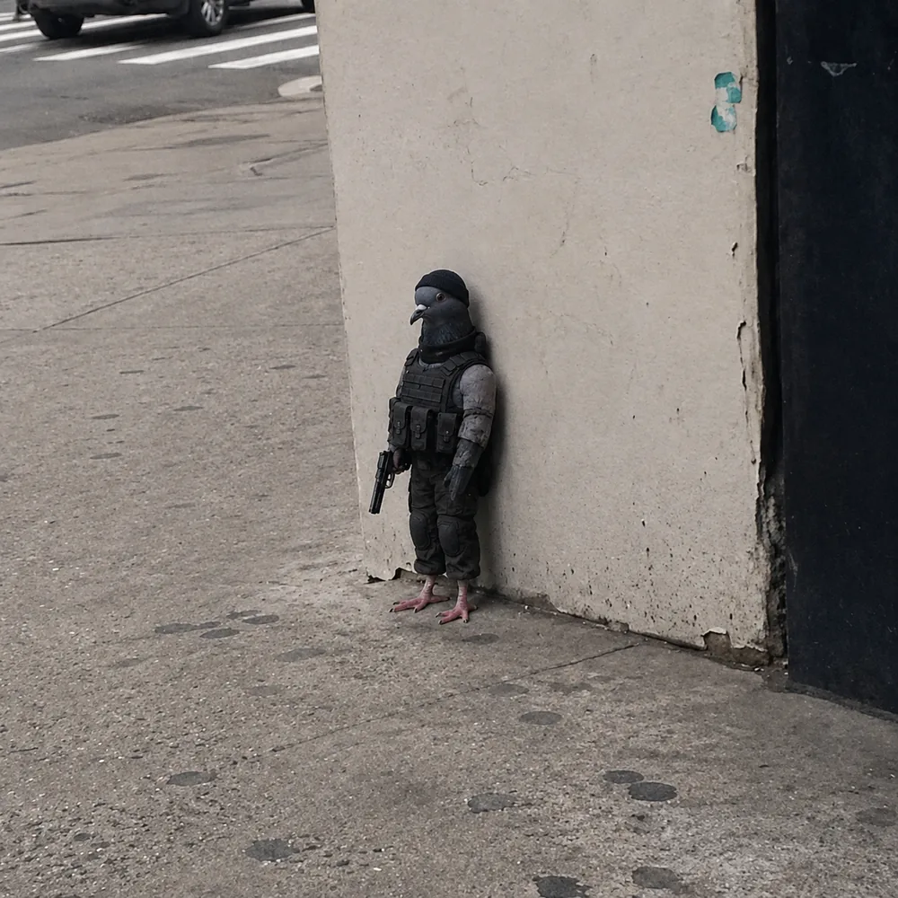 The pigeon leaning against the wall — tactical vest.