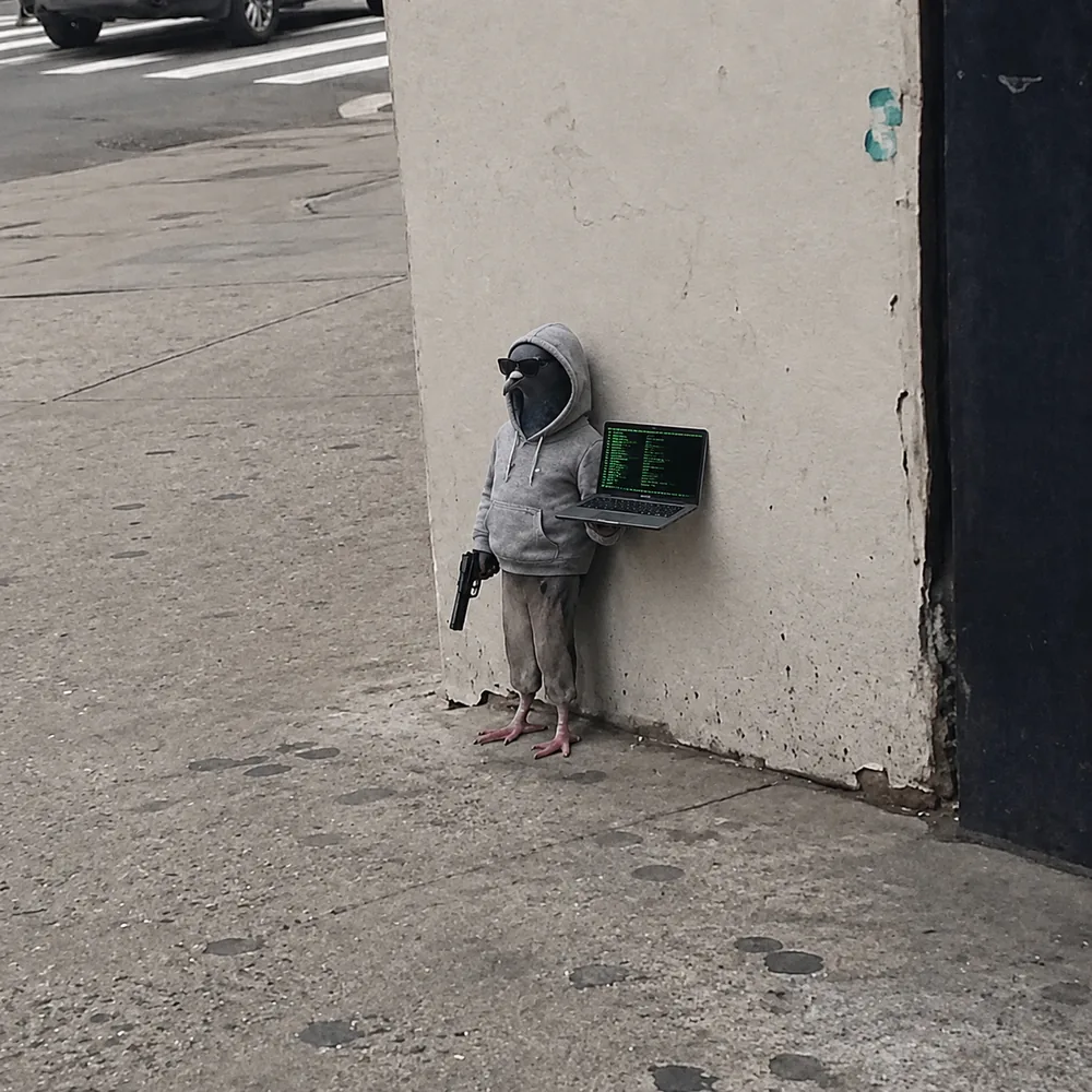 The pigeon leaning against the wall — laptop.