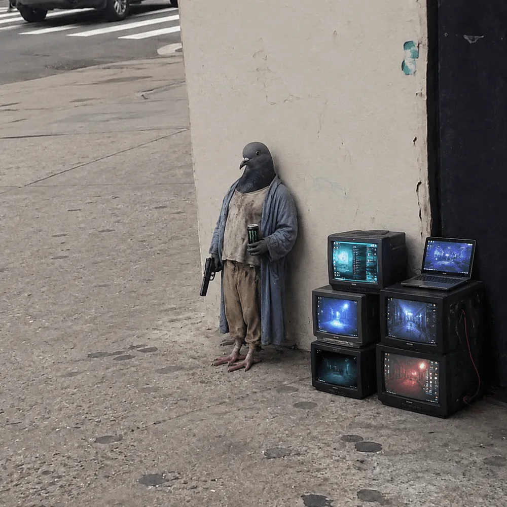 The pigeon leaning against the wall — open robe.