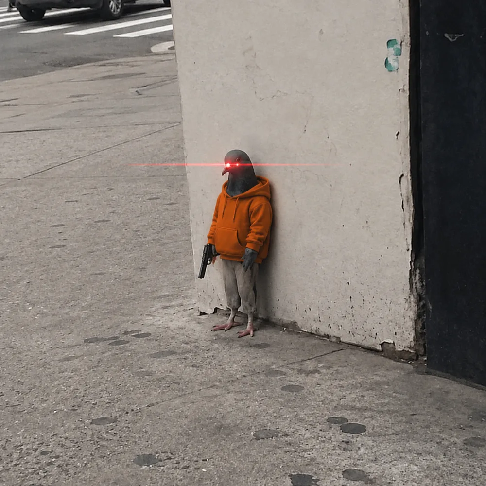 The pigeon leaning against the wall — red eyes.