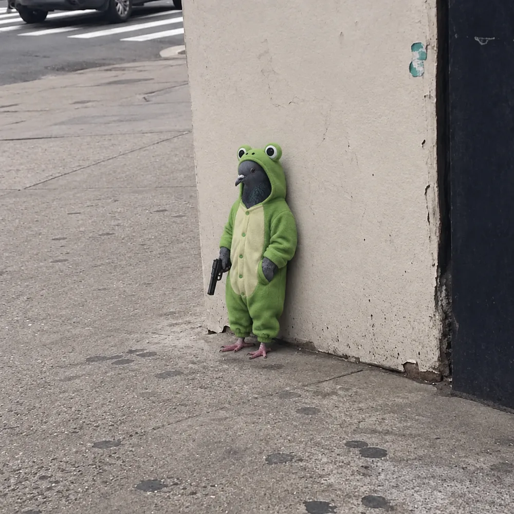 The pigeon leaning against the wall — frog suit.
