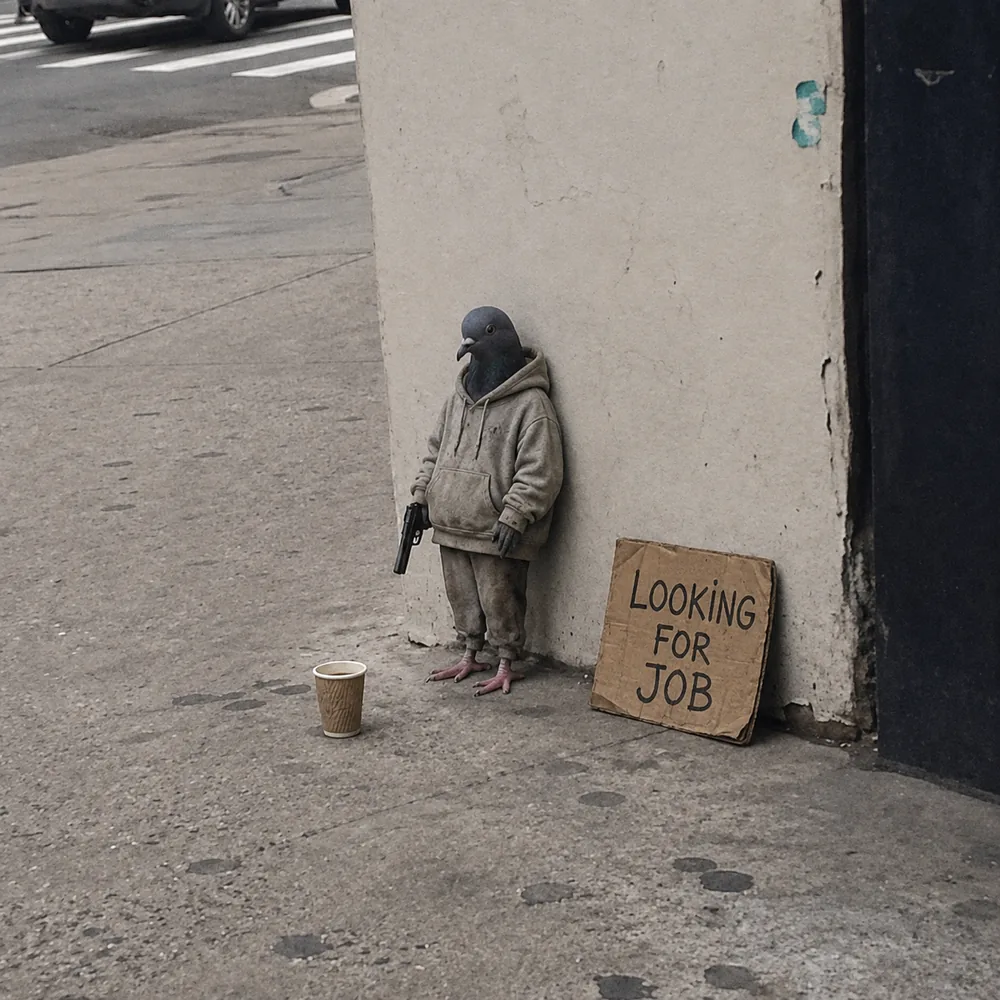 The pigeon leaning against the wall — cardboard sign.