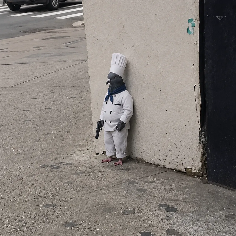 The pigeon leaning against the wall — chef whites.