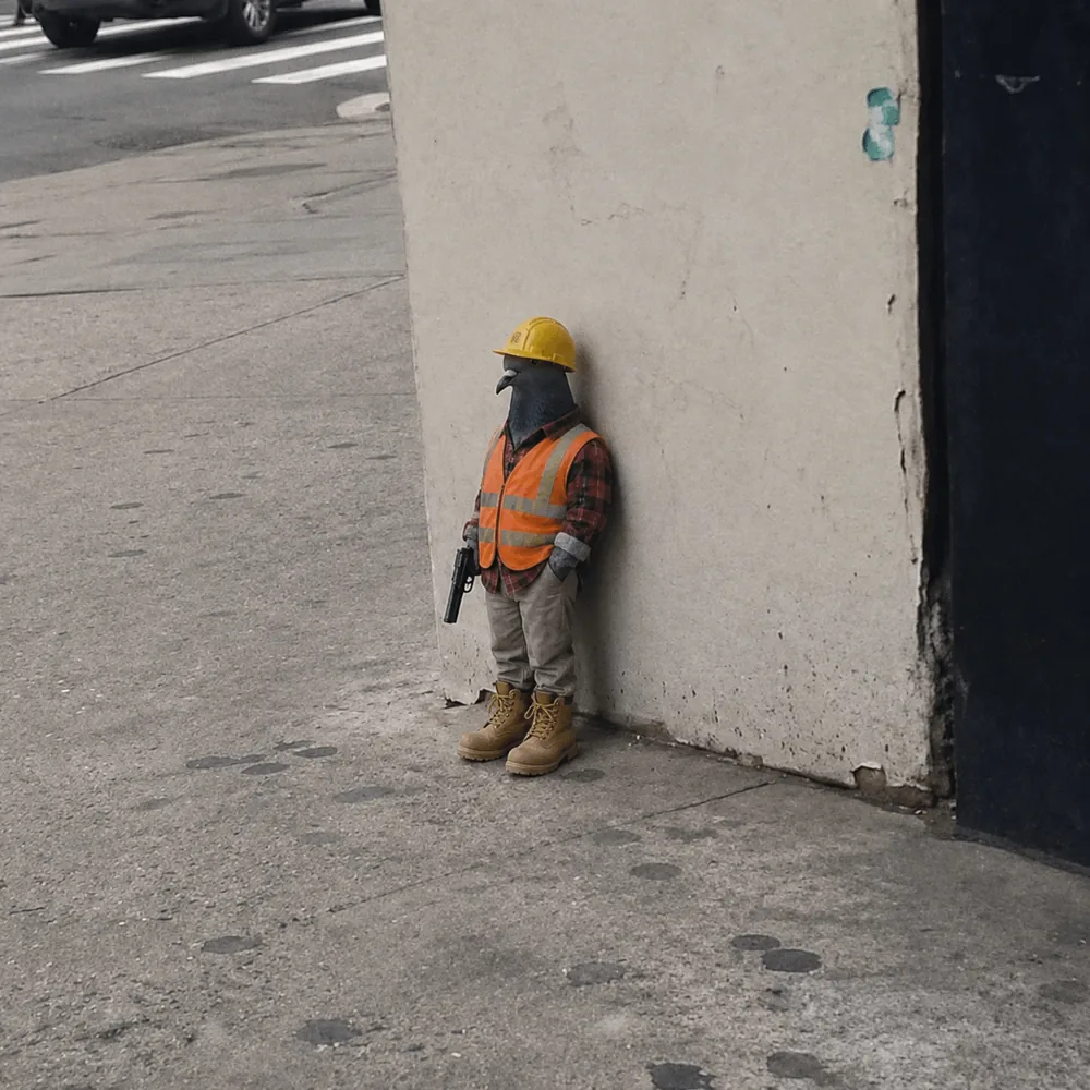 The pigeon leaning against the wall — hi-vis.
