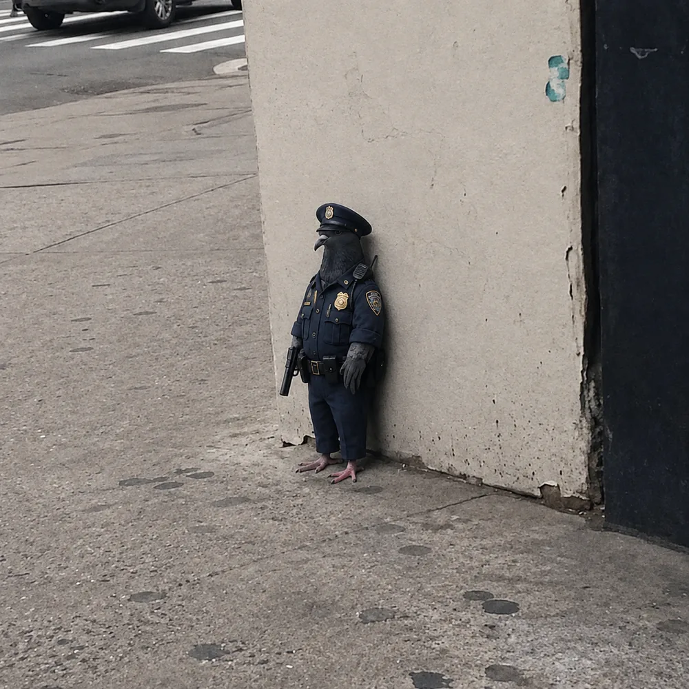 The pigeon leaning against the wall — the uniform.