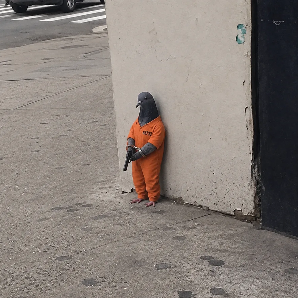 The pigeon leaning against the wall — orange.