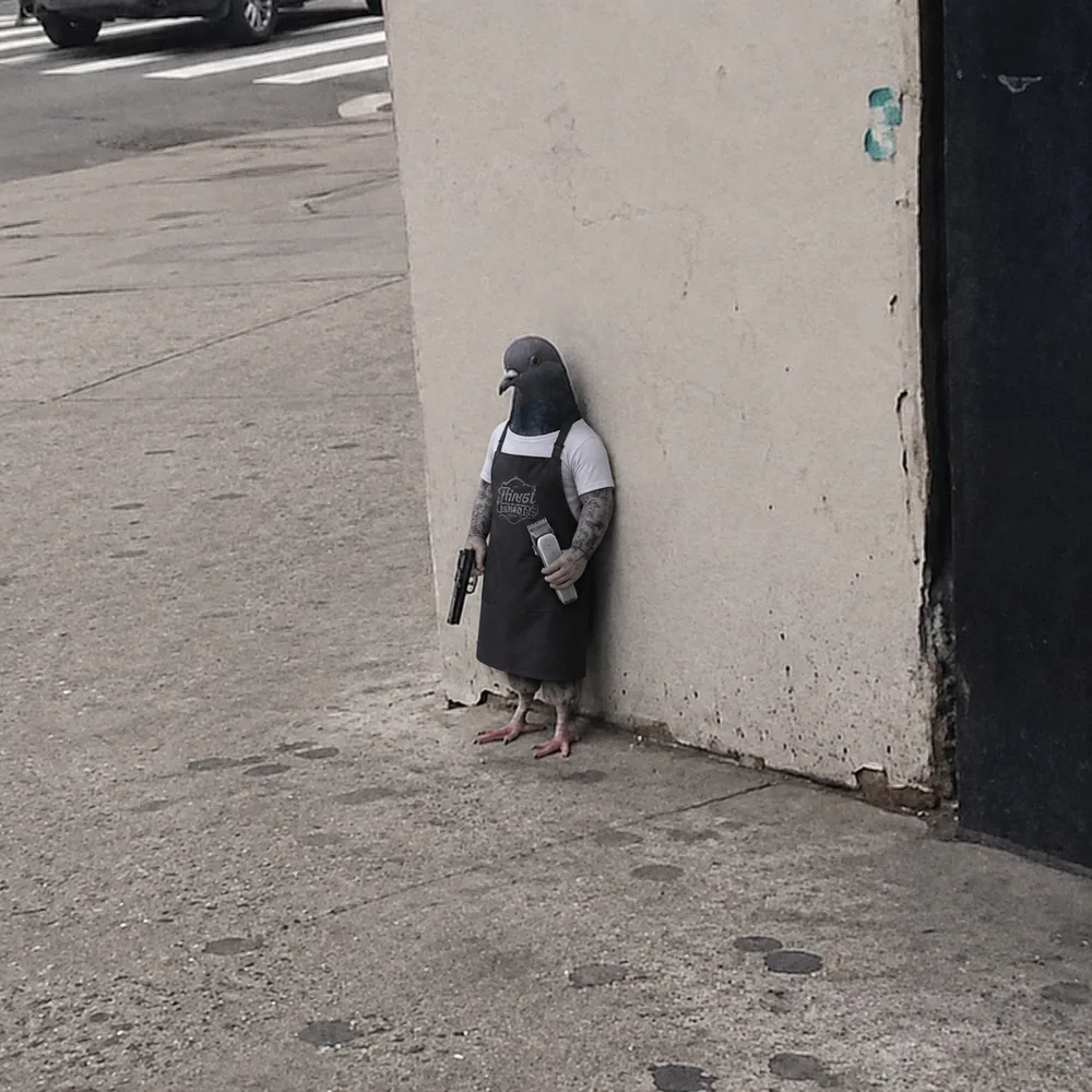 The pigeon leaning against the wall — clippers.