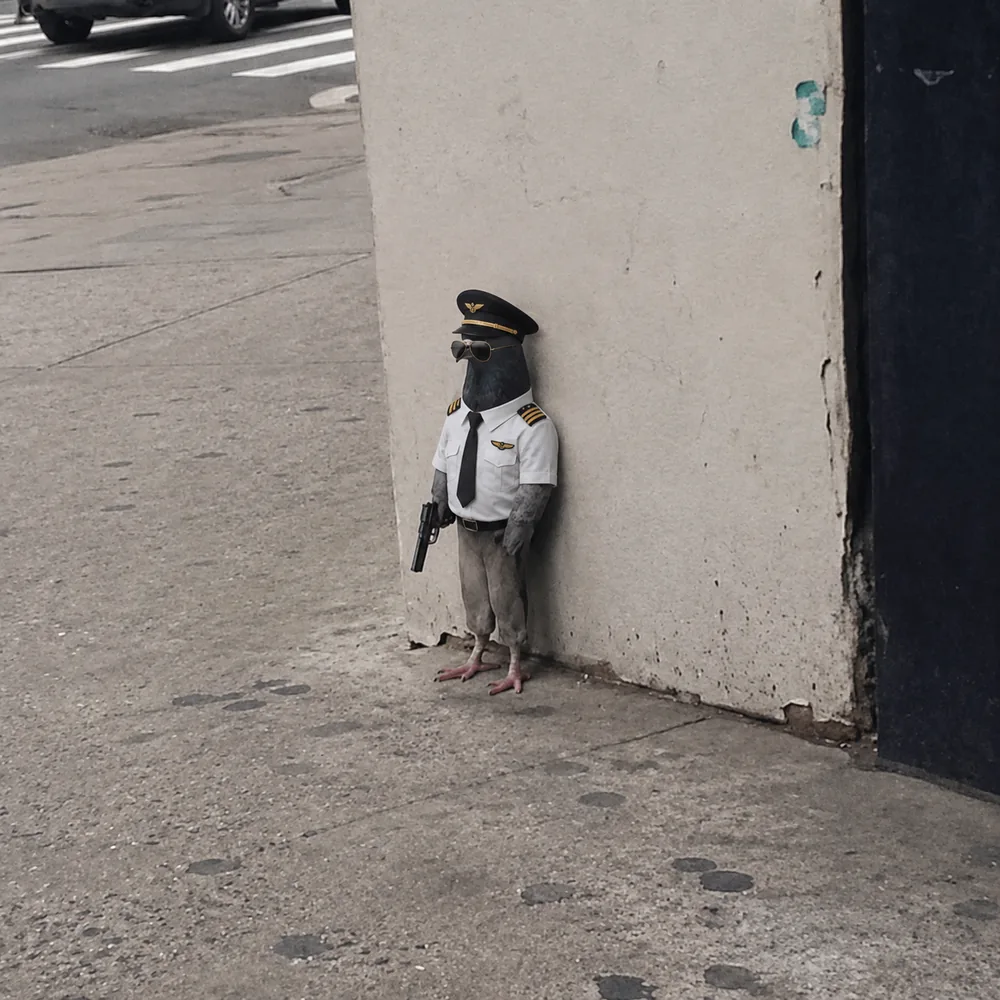The pigeon leaning against the wall — epaulettes.