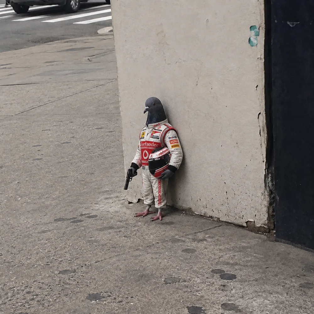 The pigeon leaning against the wall — race suit.