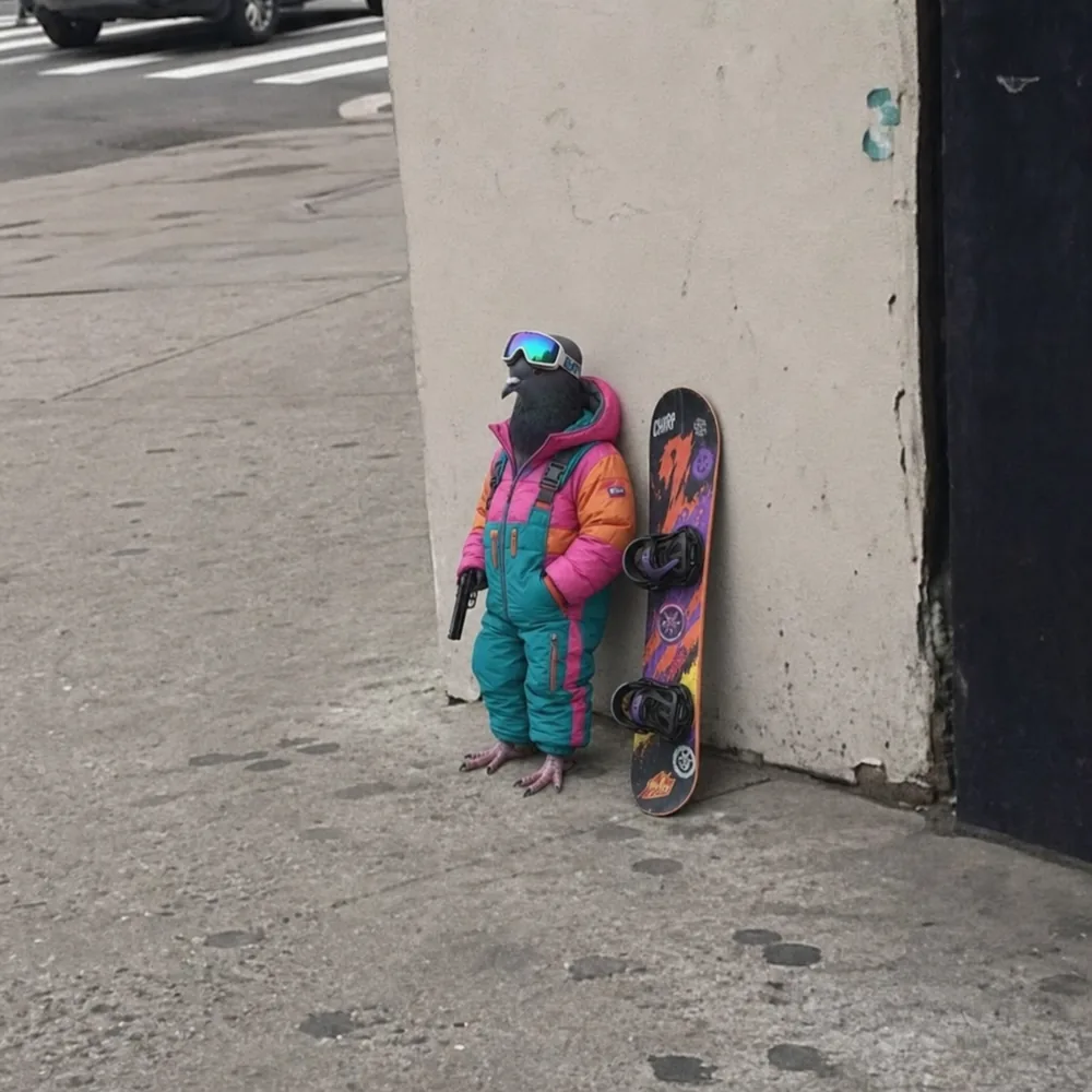 The pigeon leaning against the wall — snowboard.