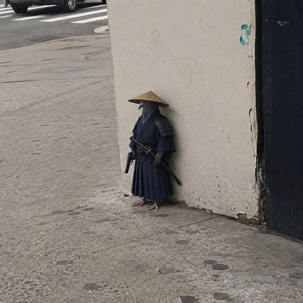 The pigeon leaning against the wall — straw hat.