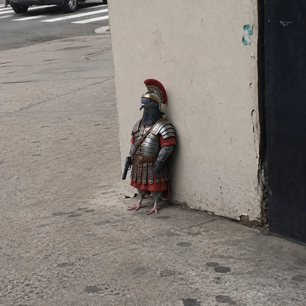 The pigeon leaning against the wall — plate armour.