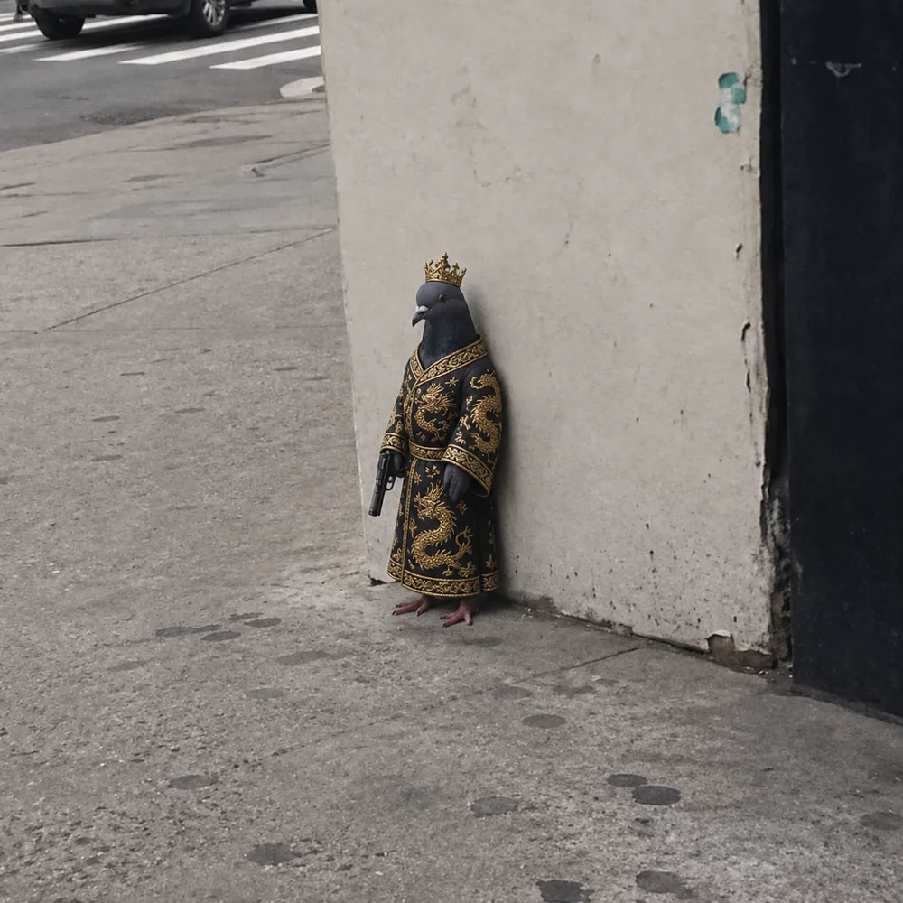 The pigeon leaning against the wall — gold robe.