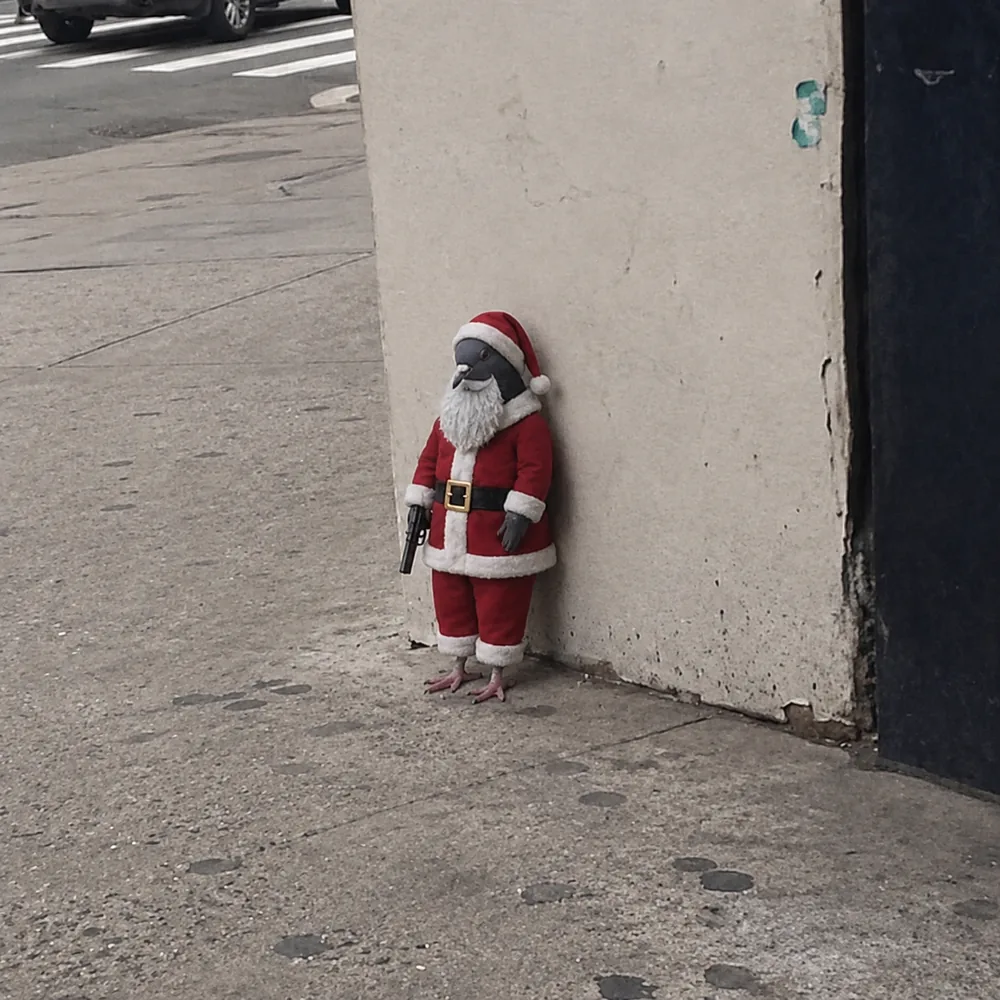 The pigeon leaning against the wall — red suit.