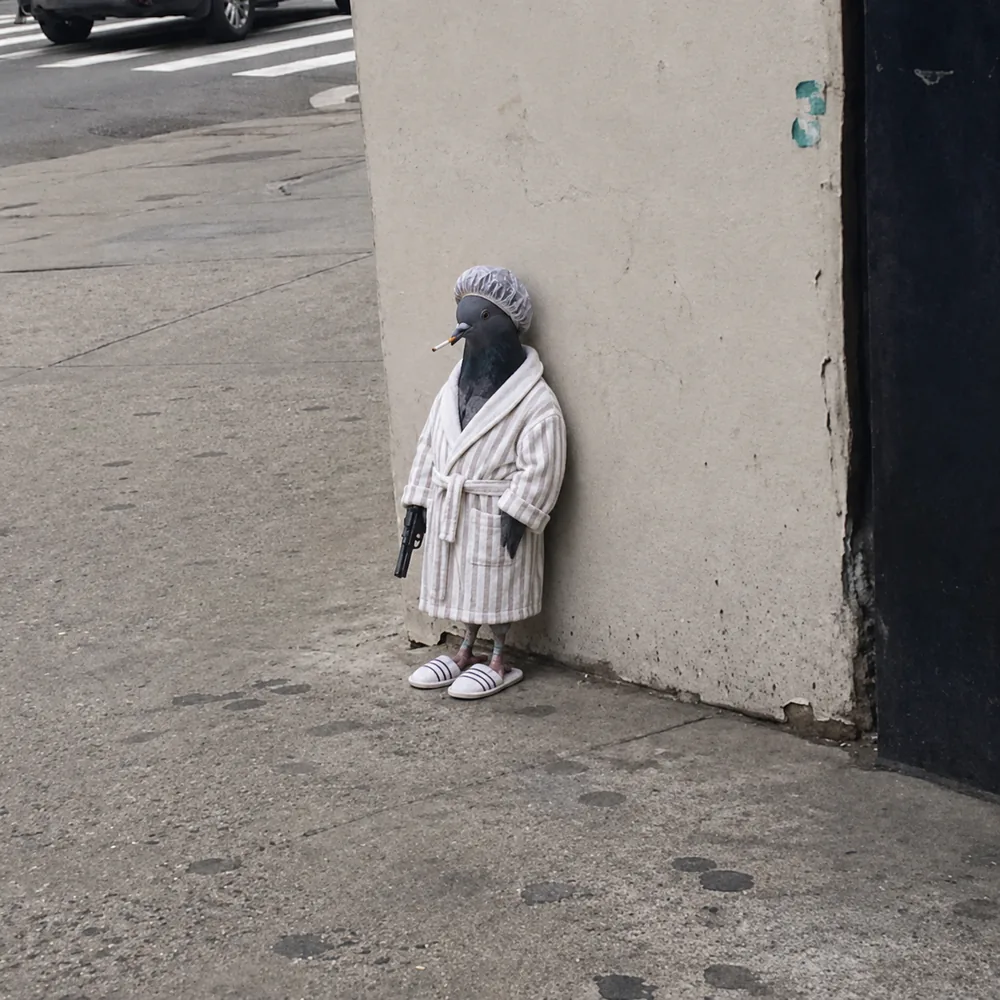 The pigeon leaning against the wall — bathrobe.