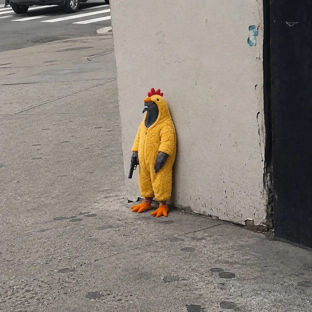 The pigeon leaning against the wall — chicken suit.