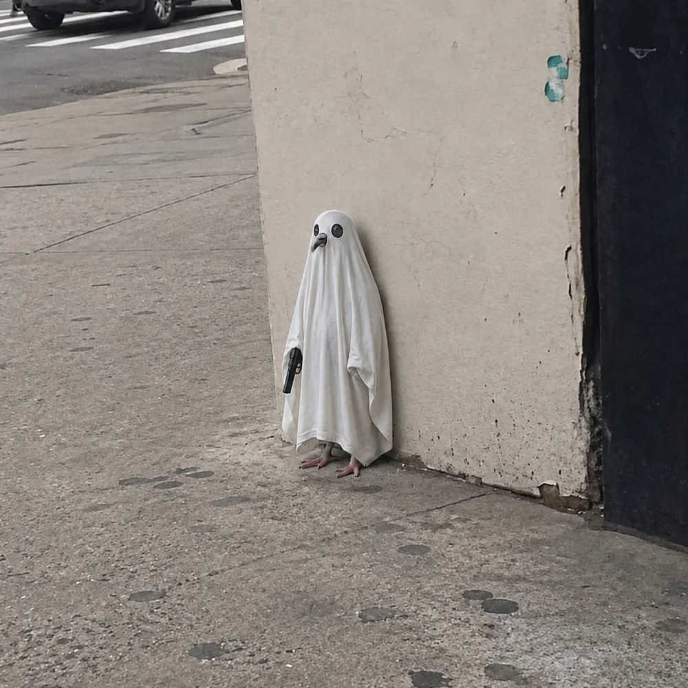 The pigeon leaning against the wall — under a sheet.