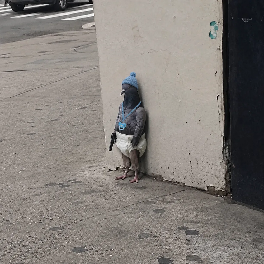 The pigeon leaning against the wall — the nappy.