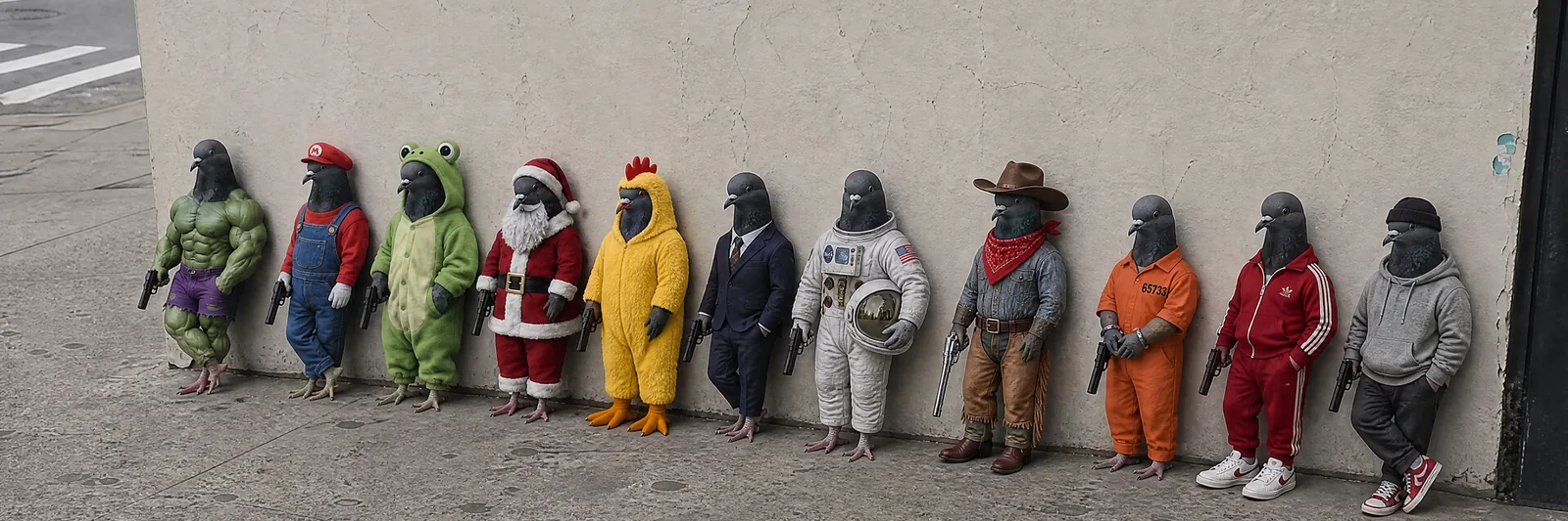 Twelve subjects photographed together against the same wall. Every one armed.